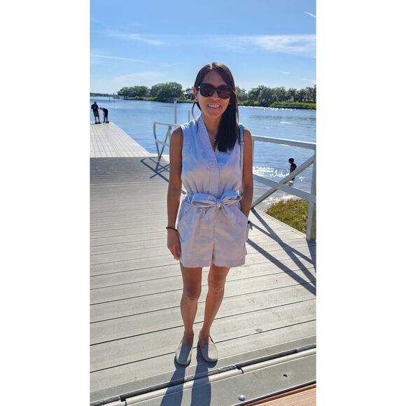 DEREK LAM x RTR Blue Light Cotton Sleeveless Tie Waist Romper Size 36 - Picture 13 of 14